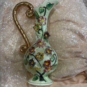 Floral Ceramic Vase with Gold Handle